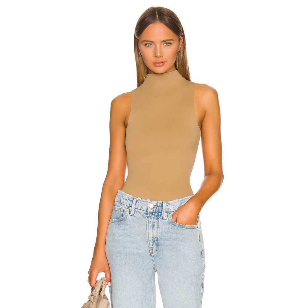 Good American Sleeveless Mock Neck Bodysuit in Tan